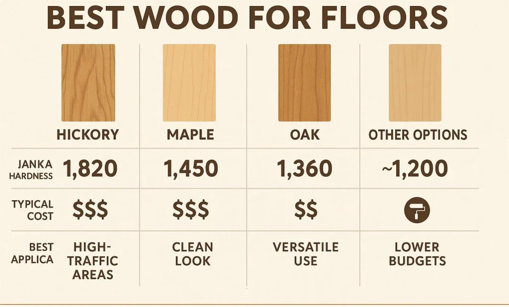 a chart show janka hardness of hickory, maple, oak and other wood