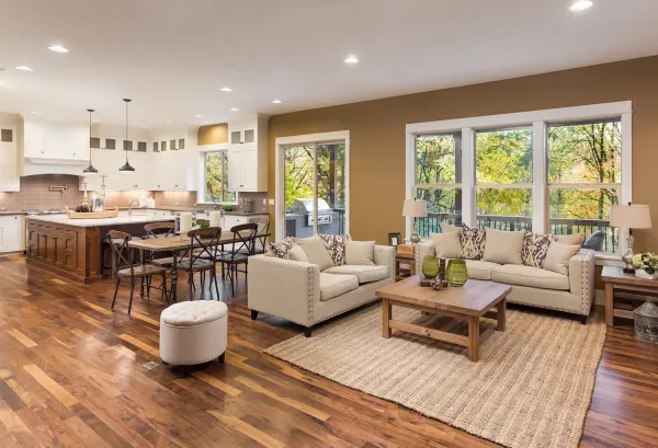 modern living room with hickory hardwood flooring