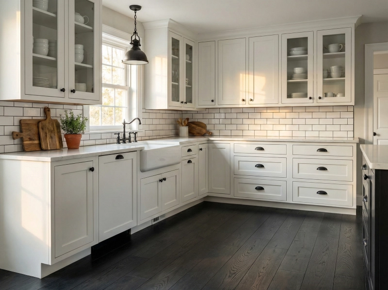 Bold kitchen flooring ideas with charcoal black wood floors creating a high-contrast look with stark white contemporary cabinets.