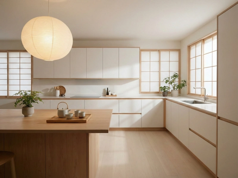 Japandi style kitchen wood flooring featuring smooth natural birch floors and clean white cabinets with maple trim.