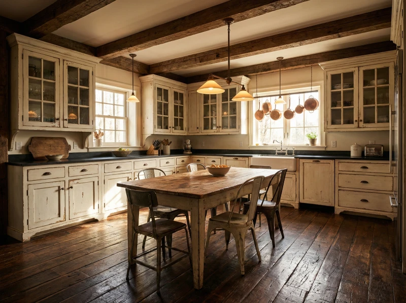 Rustic wood floor kitchen ideas using textured reclaimed barn wood to complement distressed antique white cabinets.