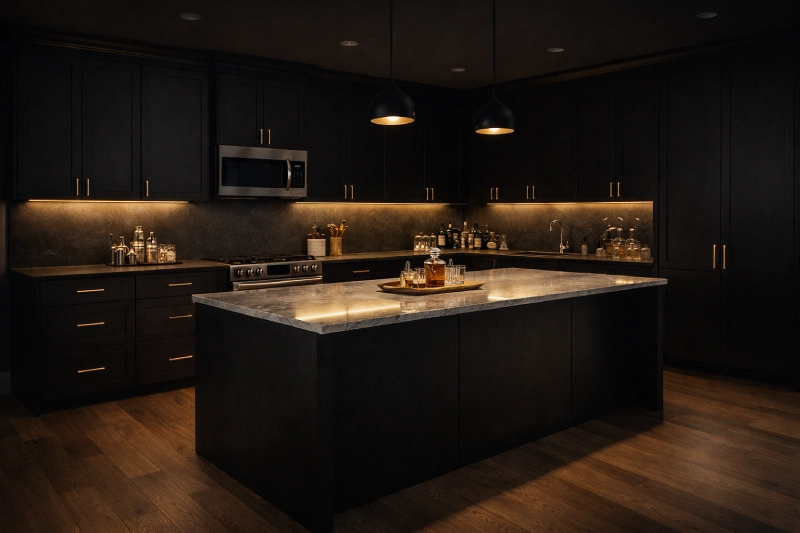 Moody kitchen flooring ideas showing smoked oak dark wood floors paired with black shaker cabinets.