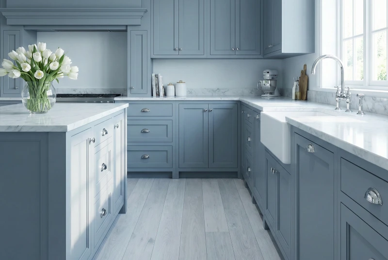 Cool-toned wood floor kitchen ideas showcasing pale ash flooring with blue-gray cabinets.