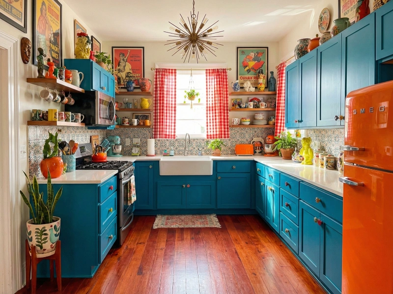 Retro eclectic kitchen flooring ideas pairing reddish cherry wood floors with bold teal blue cabinets.