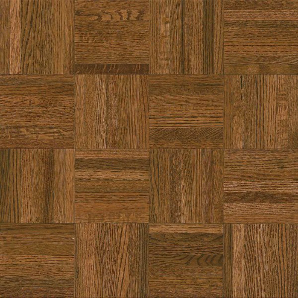 Close-up texture of classic brown oak square parquet flooring, showing the alternating horizontal and vertical grain directions