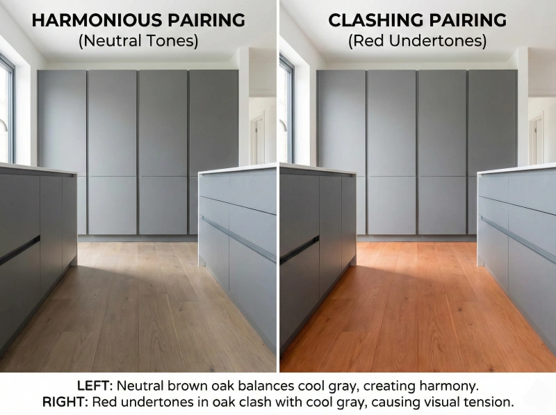 Balanced kitchen wood flooring featuring neutral brown oak floors paired with sleek gray cabinets.