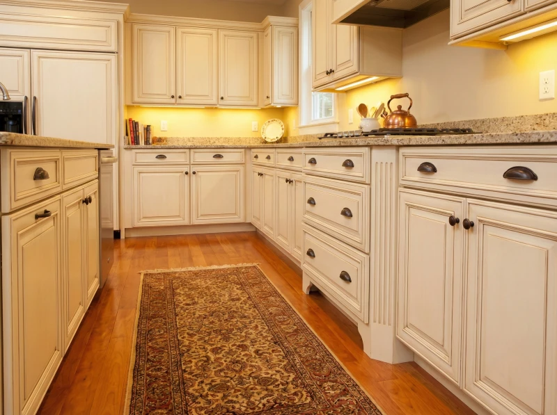 Traditional wood floor kitchen ideas pairing polished honey-colored cherry floors with warm cream raised-panel cabinets.