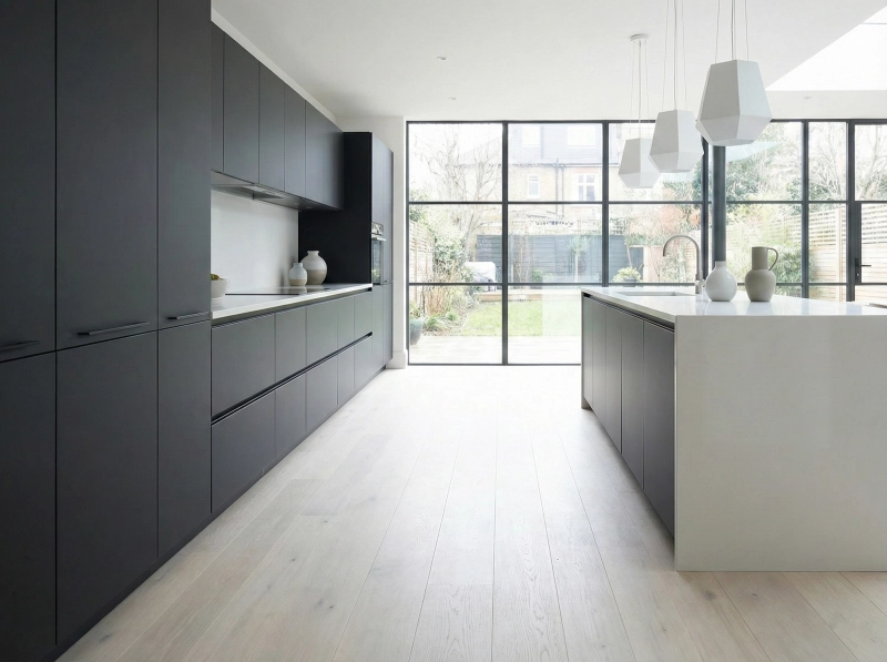 High-contrast kitchen flooring ideas with very light pale oak floors against dark charcoal gray matte cabinets.