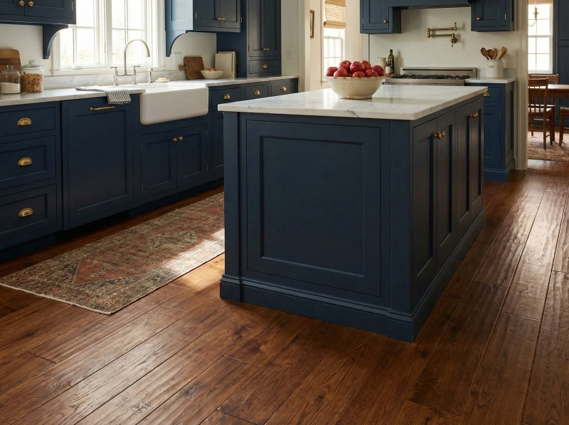 Traditional American kitchen flooring ideas featuring rich warm brown hand-scraped hardwood floors with deep navy blue cabinets.