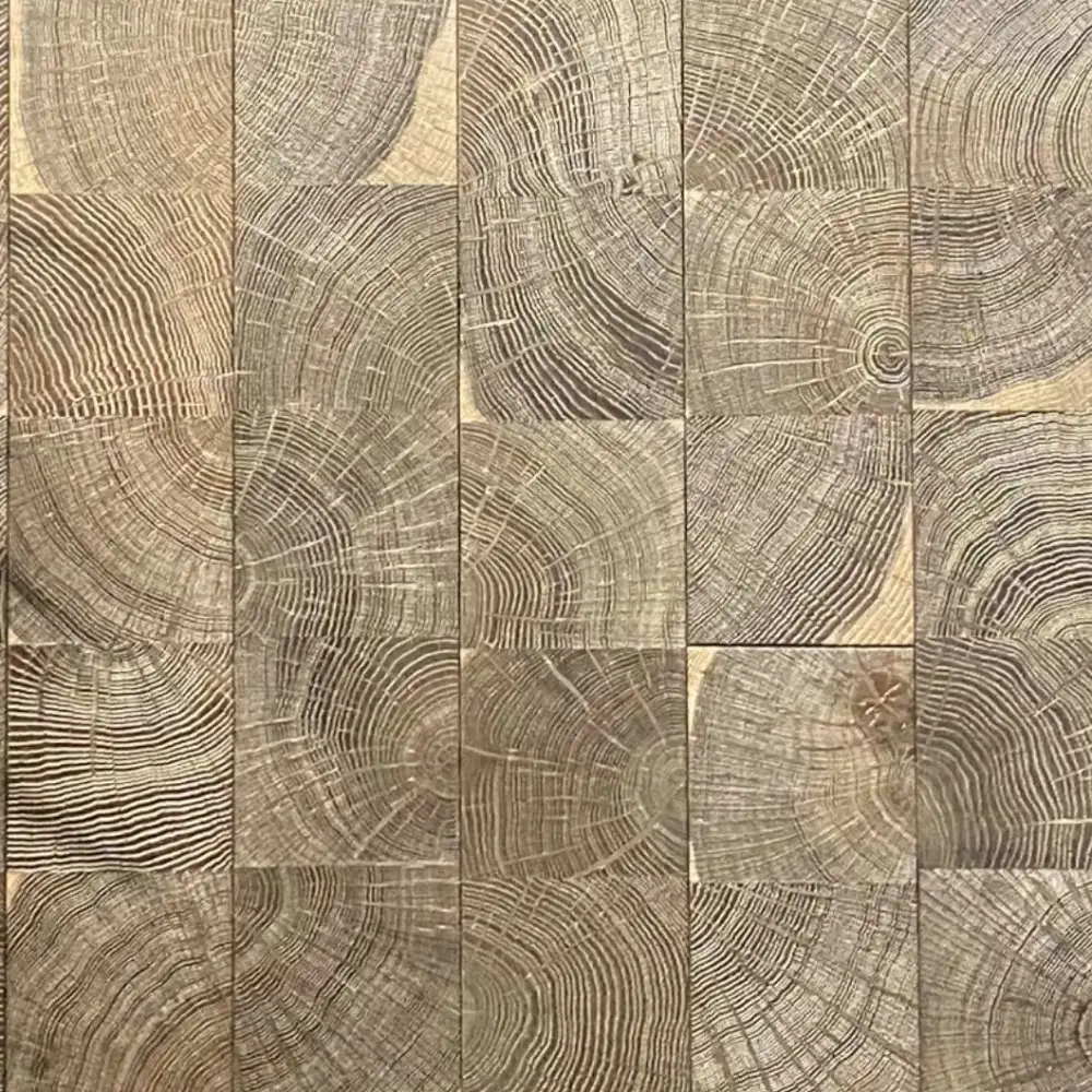 Natural brown end grain parquet flooring, square block pattern showing rich wood growth rings, rustic yet modern hardwood flooring surface