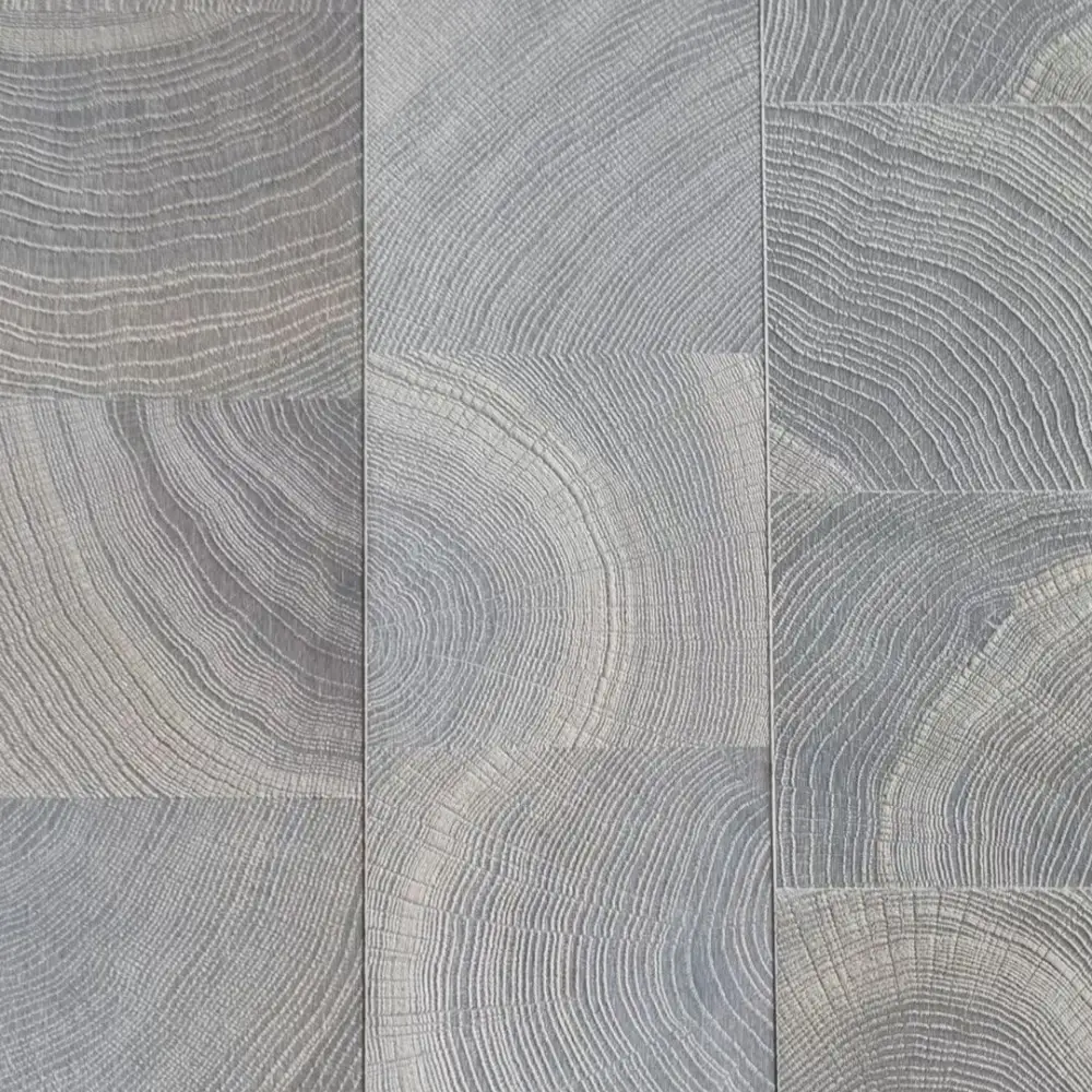 Light grey end grain wood parquet flooring, vertical rectangular blocks with detailed growth ring texture, contemporary commercial interior flooring design