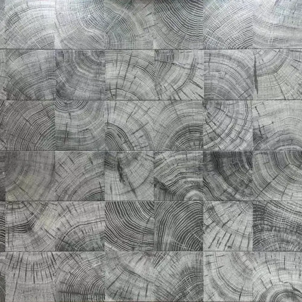 End grain parquet wood flooring with square blocks, cool grey tone, visible tree ring patterns, modern architectural interior flooring texture