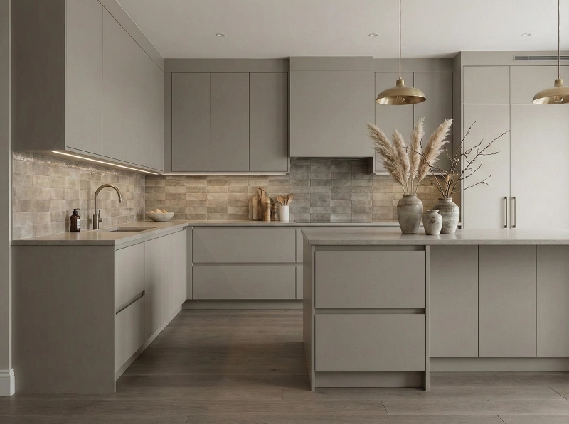 Monochromatic kitchen wood flooring using taupe colored wood to complement greige flat-panel cabinets.