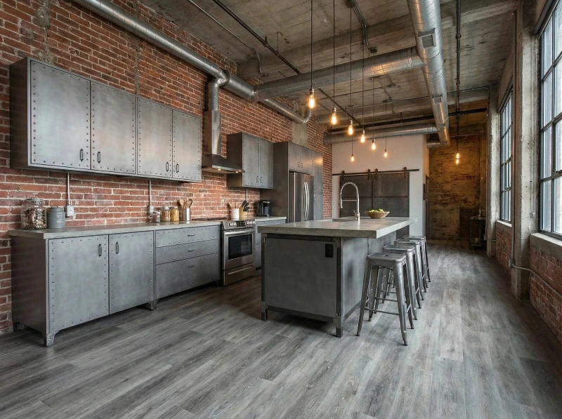 Industrial style kitchen flooring ideas with gray stone-look flooring and matte gray metal-finish cabinets.