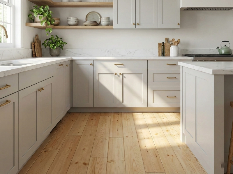 Warm wood kitchen flooring ideas pairing blonde pine floors with light dove-gray shaker cabinets.