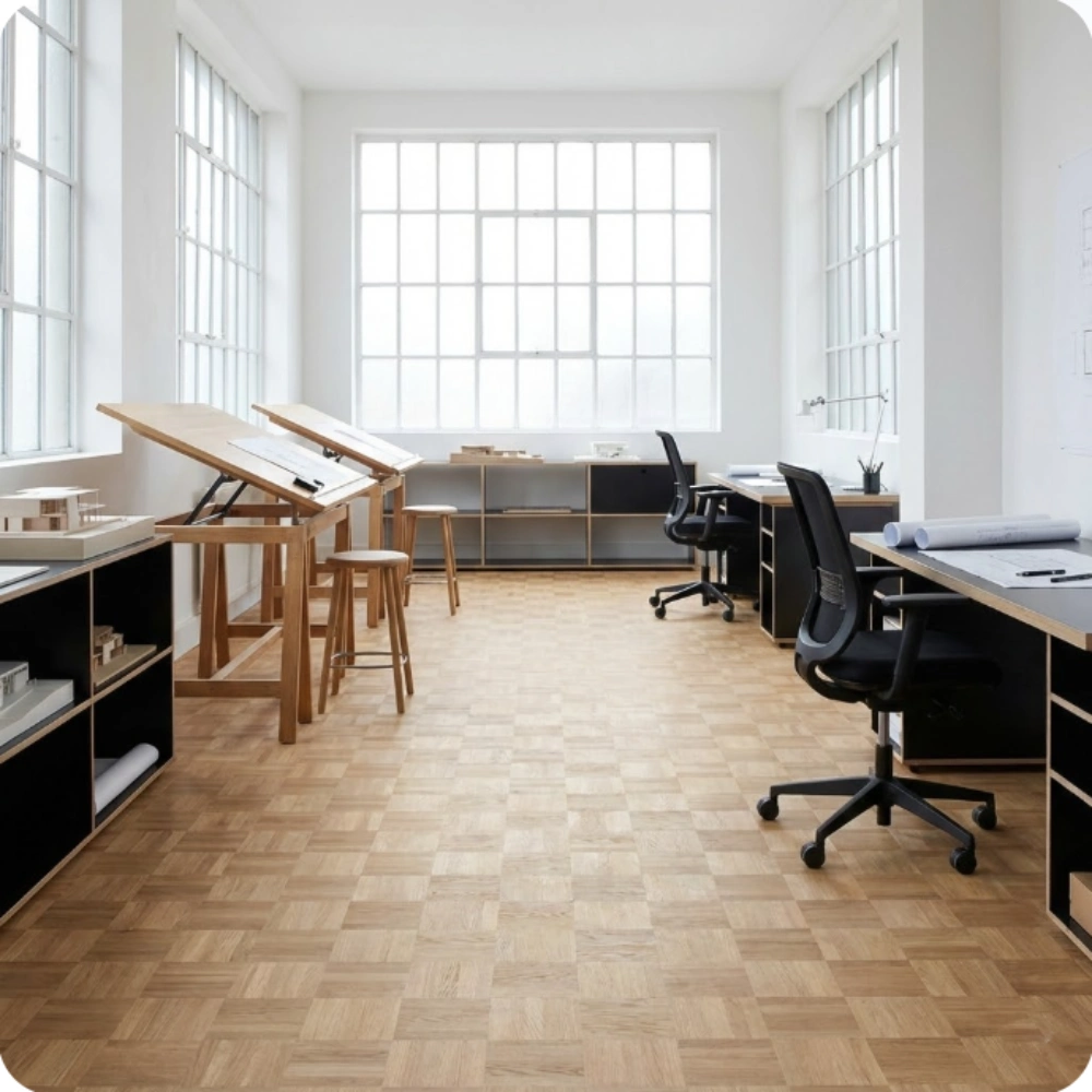 Bright minimalist architect studio workspace featuring durable light oak 5-finger mosaic parquet flooring with a geometric texture.