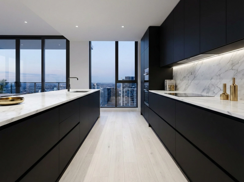 Modern kitchen flooring ideas with bleached white oak floors contrasting matte black slab cabinets.
