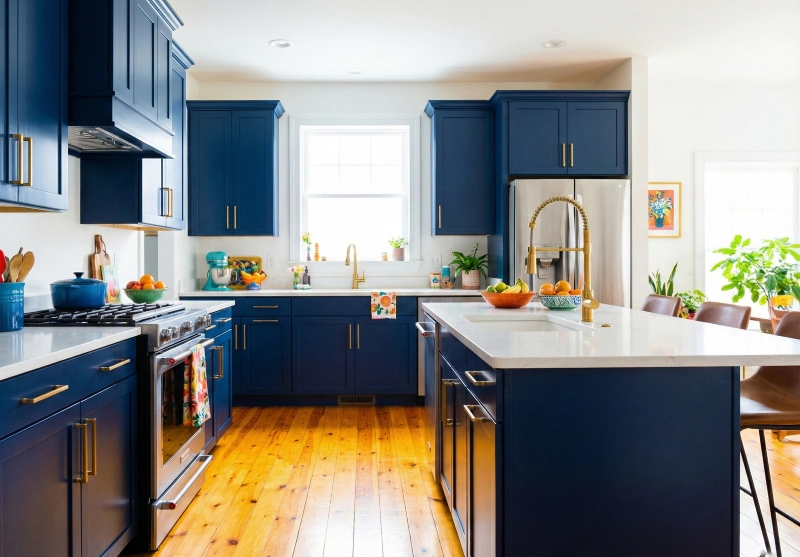 Vibrant kitchen wood flooring ideas with honey-gold colored floors complementing navy blue cabinets.