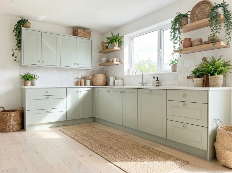 Soft pastel kitchen flooring ideas featuring light birch wood floors and sage green cabinets.