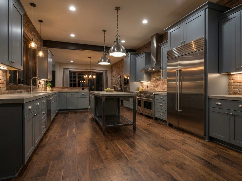 Open-concept kitchen flooring ideas featuring rich dark walnut wood floors and slate gray cabinets.