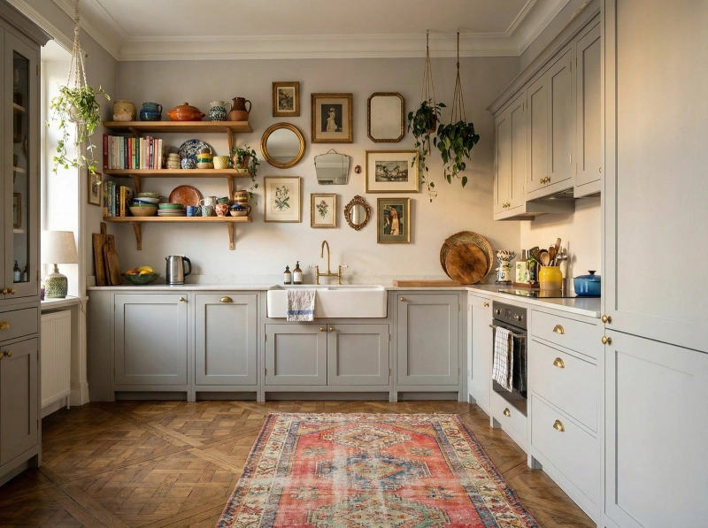 Luxury kitchen flooring ideas featuring intricate wooden parquet floors (Versailles pattern) and soft gray cabinets.