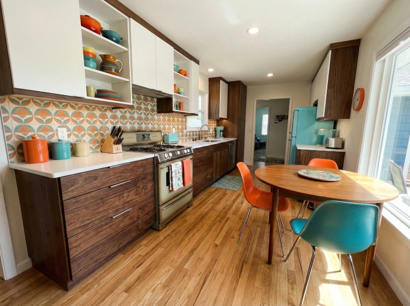 Mid-century modern kitchen flooring ideas with lighter oak wood floors contrasting against walnut wood cabinets.