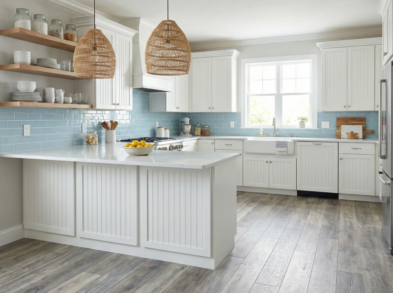 Coastal kitchen flooring ideas using weathered gray-wash wood floors (driftwood style) to complement white beadboard cabinets.