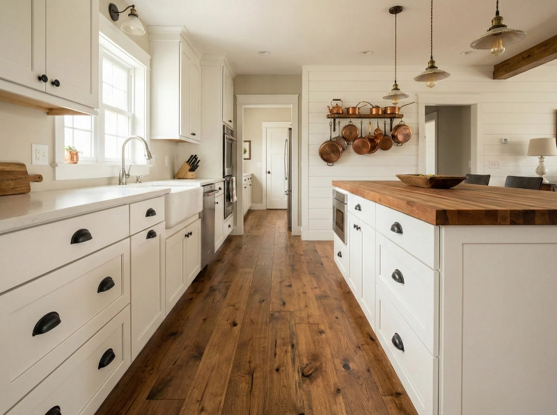 Rustic wood kitchen flooring ideas showing medium-tone hickory floors with visible knots against classic white shaker cabinetry.