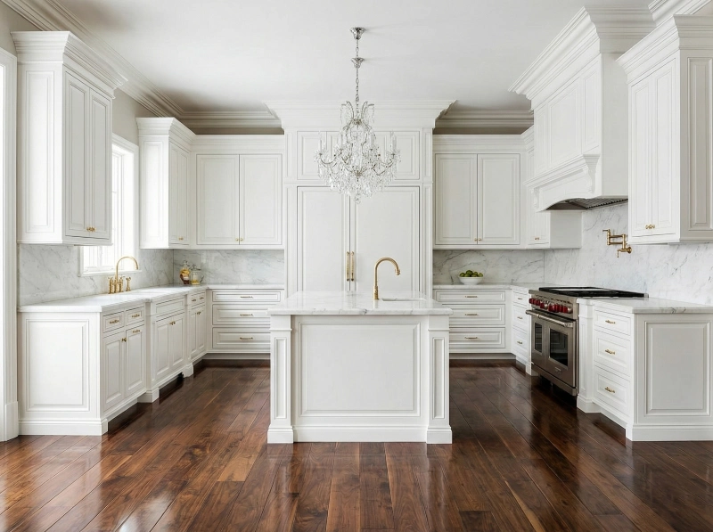 Luxury kitchen flooring ideas with rich dark walnut hardwood floors creating high contrast against white cabinets with intricate molding.