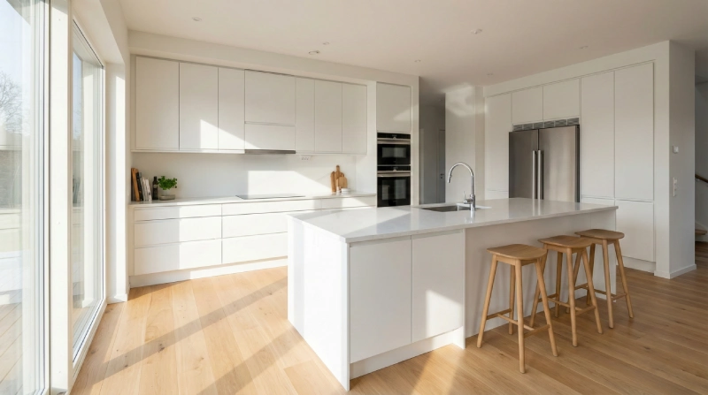 Kitchen flooring ideas featuring natural medium oak engineered hardwood paired with crisp white cabinets for a timeless transitional look.