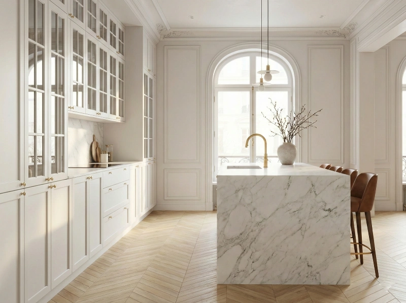 Herringbone kitchen flooring ideas featuring light blonde oak wood floors paired with white cabinets and glass upper doors.