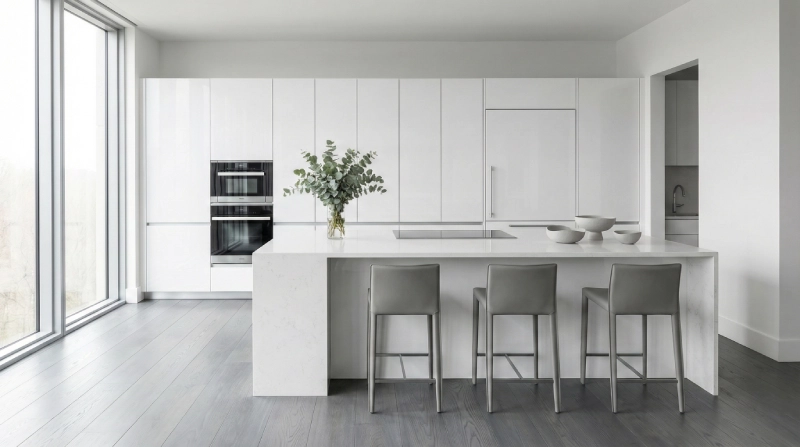 Modern kitchen flooring ideas showcasing cool gray ash wood floors against high-gloss white slab cabinets.