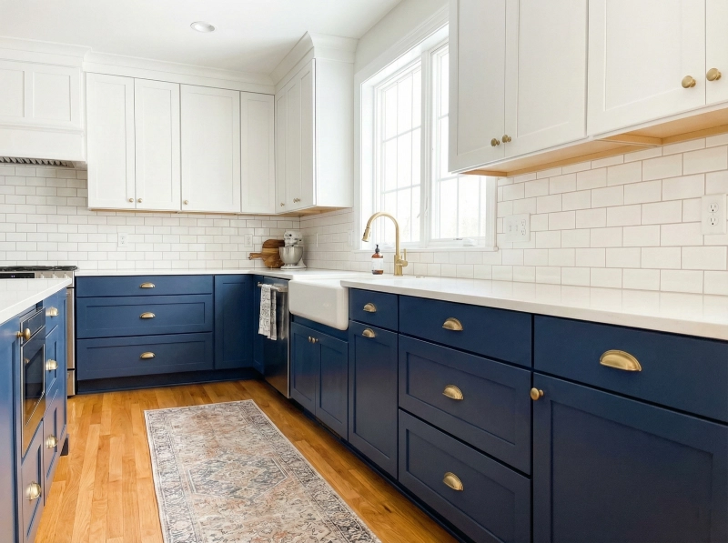 Two-tone kitchen flooring ideas featuring golden oak wood floors with white upper and navy blue lower cabinets.