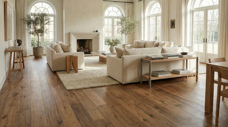 custom home interior finished with premium hickory hardwood flooring and natural lighting