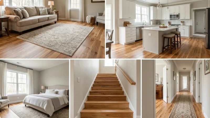 hickory hardwood flooring in living room kitchen bedroom stairs and hallway applications
