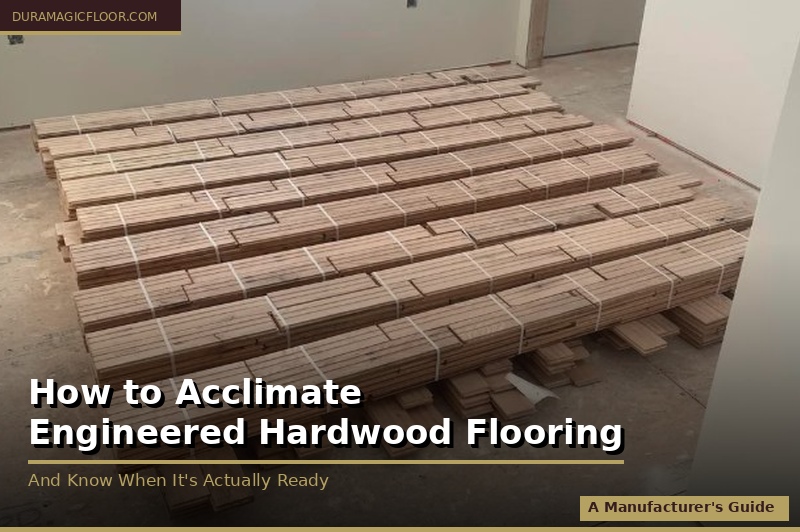 Engineered hardwood boards cross-stacked with spacers on a job site before acclimation