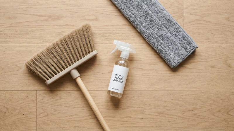 Soft-bristle broom, microfiber mop, and pH-neutral wood floor cleaner for cleaning engineered hardwood