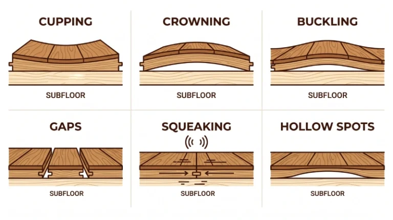 Cross-section diagram comparing six common engineered hardwood floor problems: cupping, crowning, buckling, gaps, squeaking, and hollow spots