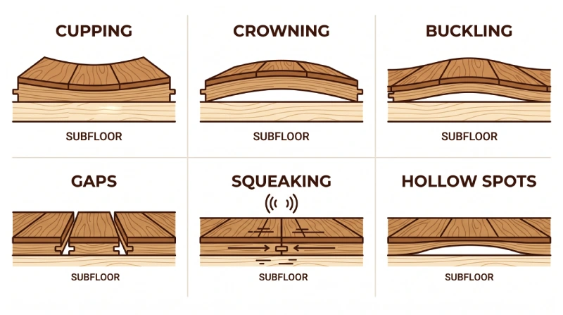 Cross-section diagram comparing six common engineered hardwood floor problems: cupping, crowning, buckling, gaps, squeaking, and hollow spots