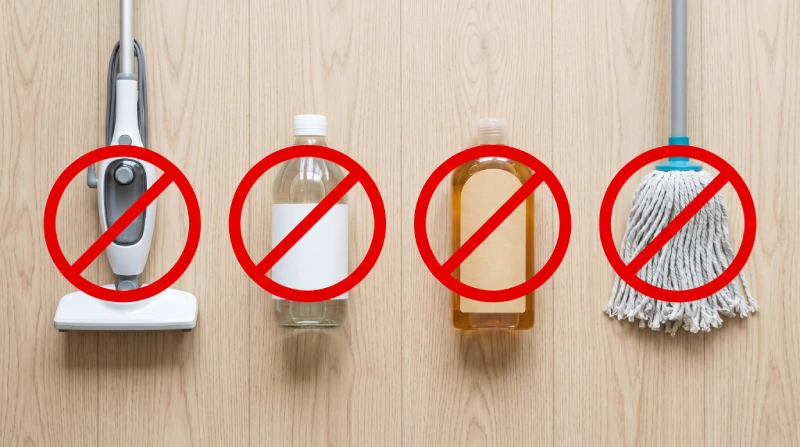 Cleaning products to avoid on engineered hardwood floors: steam mop, vinegar, oil soap, and wet mop