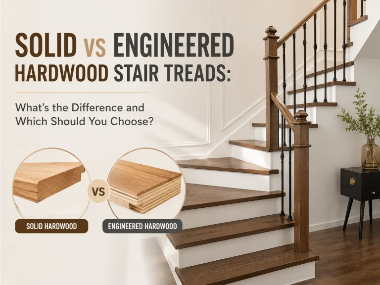 Solid hardwood stair treads installed on a straight-run residential staircase with white risers and wrought iron balusters