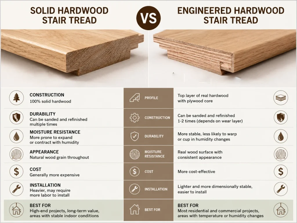 Cross-section comparison of solid wood stair tread and engineered hardwood stair tread showing layer construction