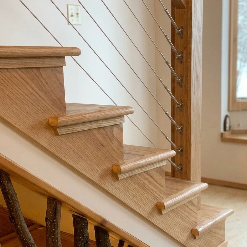 Solid oak staircase with open-side treads, showcasing mitered return nosing caps glued and sanded flush for a seamless continuous wood profile