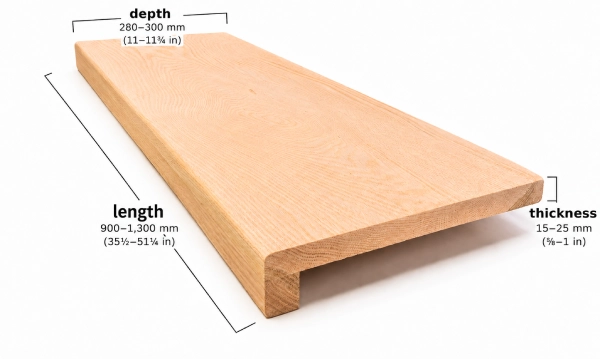 Hardwood stair tread dimensions diagram showing length, depth, and thickness measurements in metric and imperial units