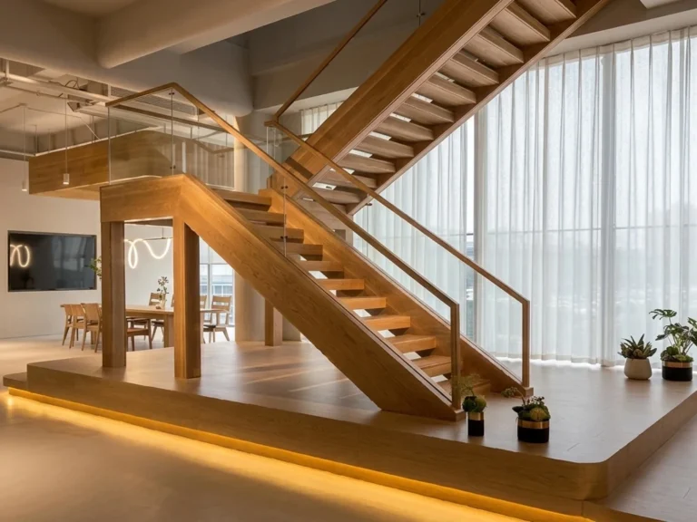 finished project stair case with solid wood stair tread
