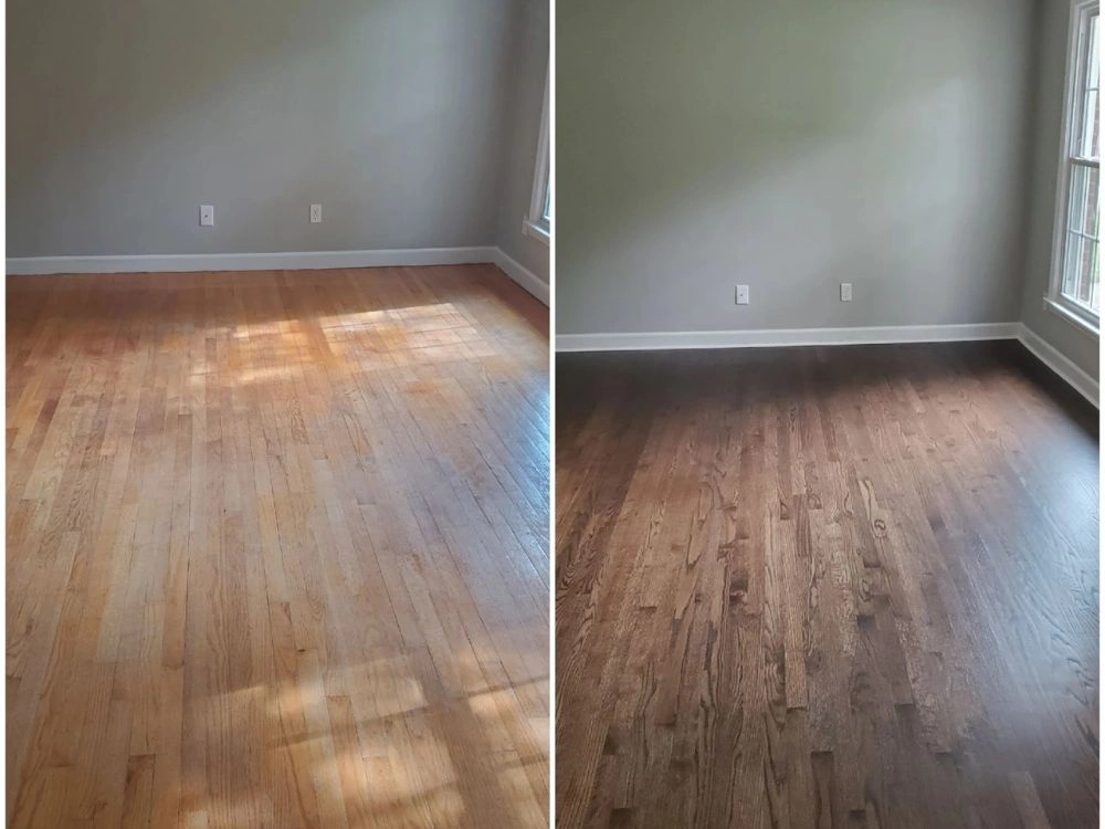 Before and after comparison of a scratched engineered hardwood floor restored through refinishing