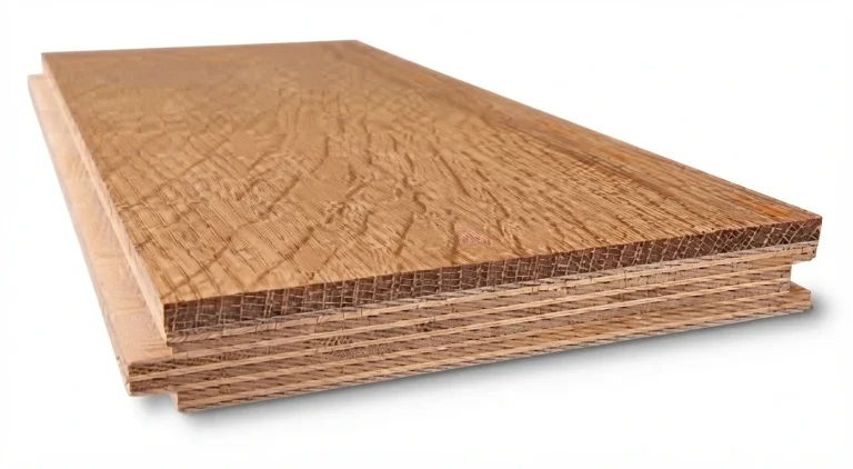 Cross-section diagram of engineered hardwood flooring showing the hardwood wear layer above the plywood core