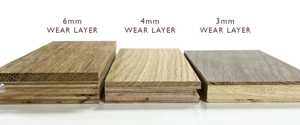 Engineered hardwood flooring samples showing different wear layer thicknesses