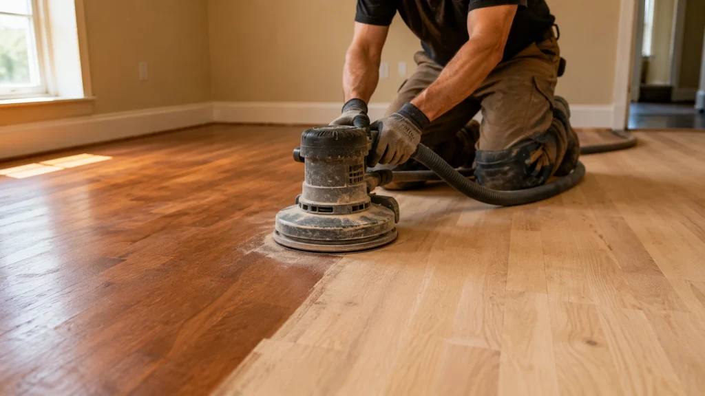 Orbital sander being used to refinish an engineered hardwood floor