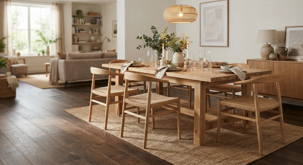 Dining area with engineered hardwood flooring and a light wood table setting